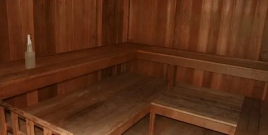 Traditional dry sauna with wooden benches and heating element