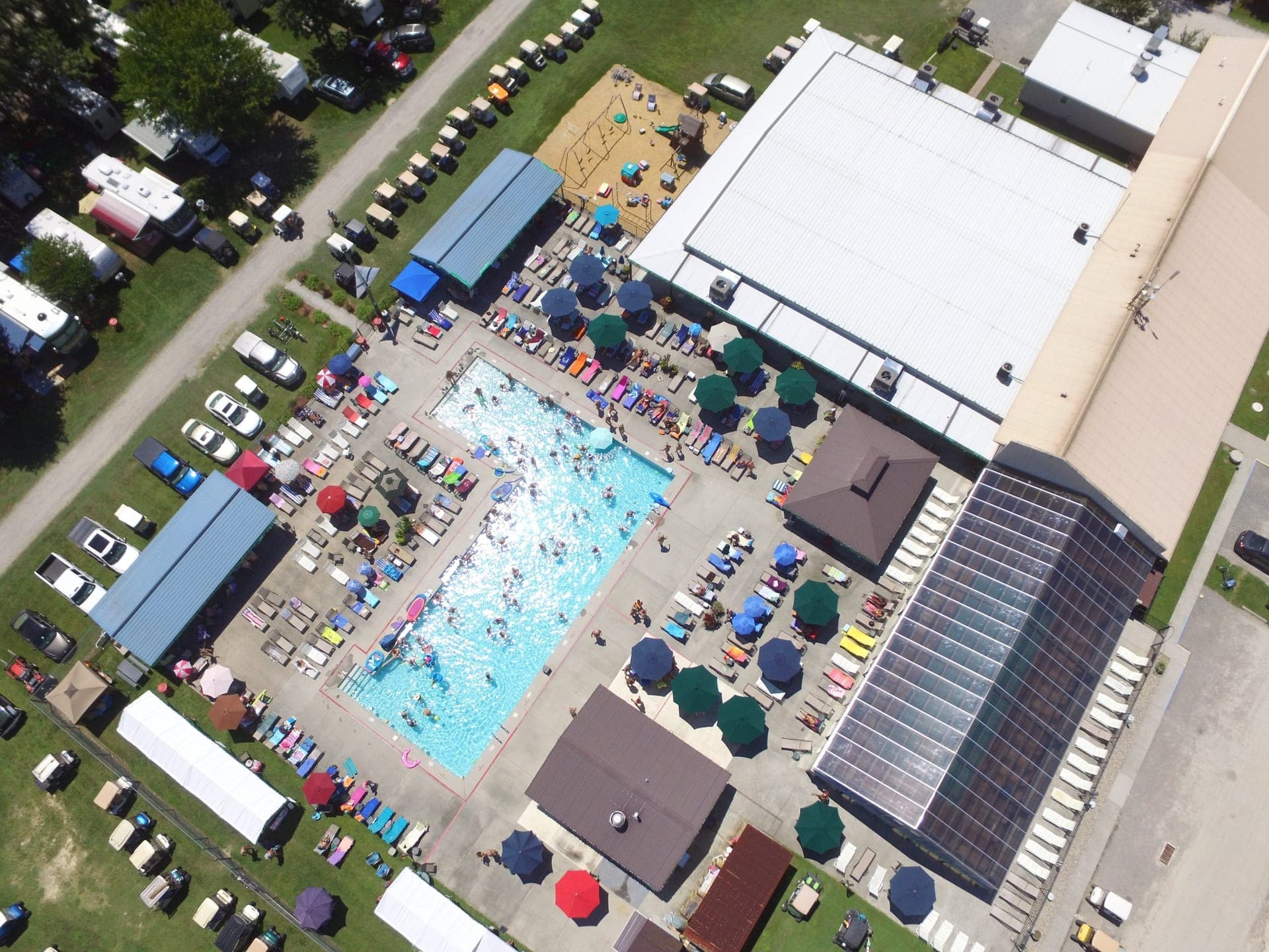 Aerial view of White Tail Resort pool area